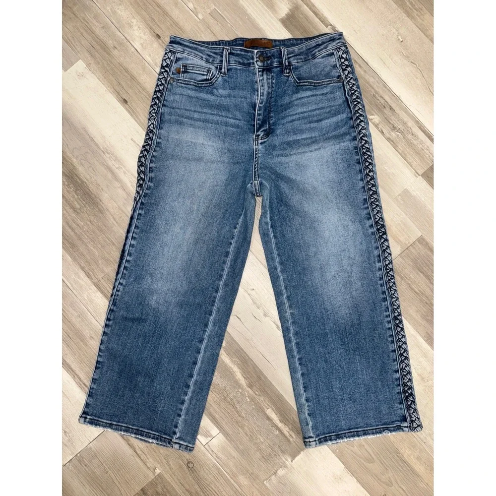 Judy Blue Wide Leg Jeans Women Medium Wash Braided Side Detail 13/31 JB88850 MD